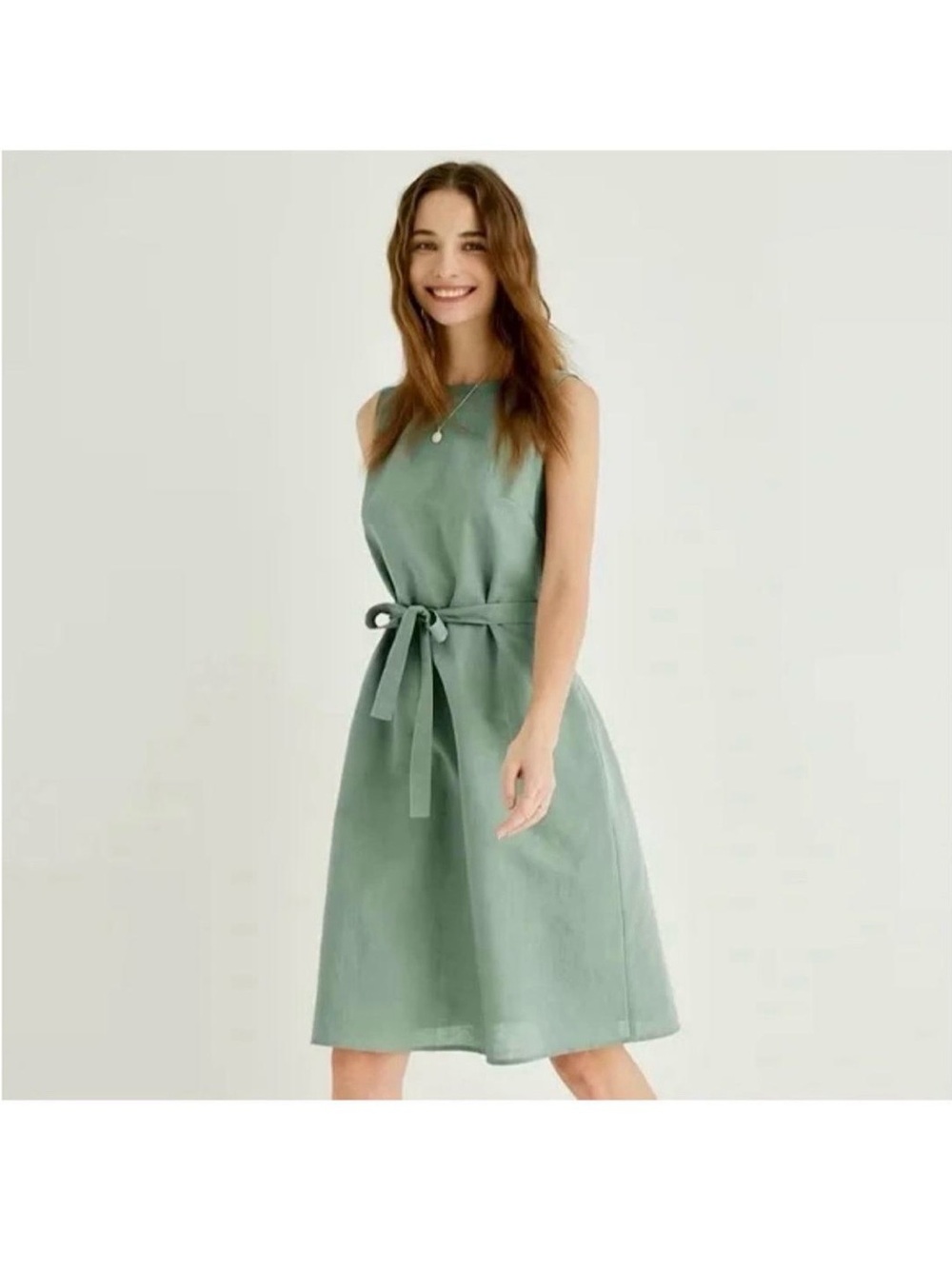 Grae Cove Sleeveless Sage Green Tie-Waist Linen Dress